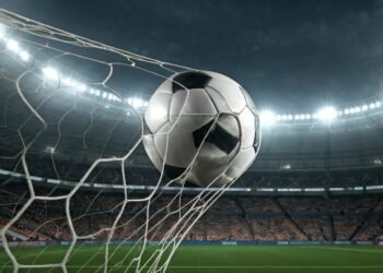 bola estufando a rede de futebol em estádio gerada pela inteligência artificial Google Gemini