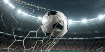 bola estufando a rede de futebol em estádio gerada pela inteligência artificial Google Gemini