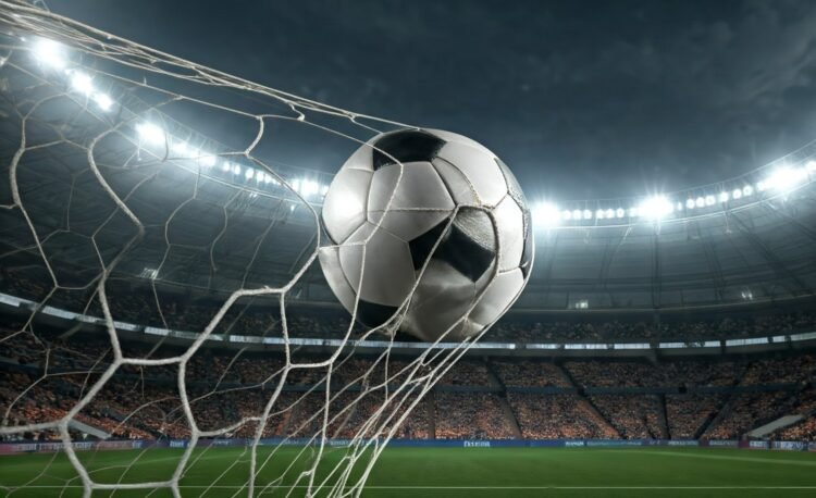 bola estufando a rede de futebol em estádio gerada pela inteligência artificial Google Gemini